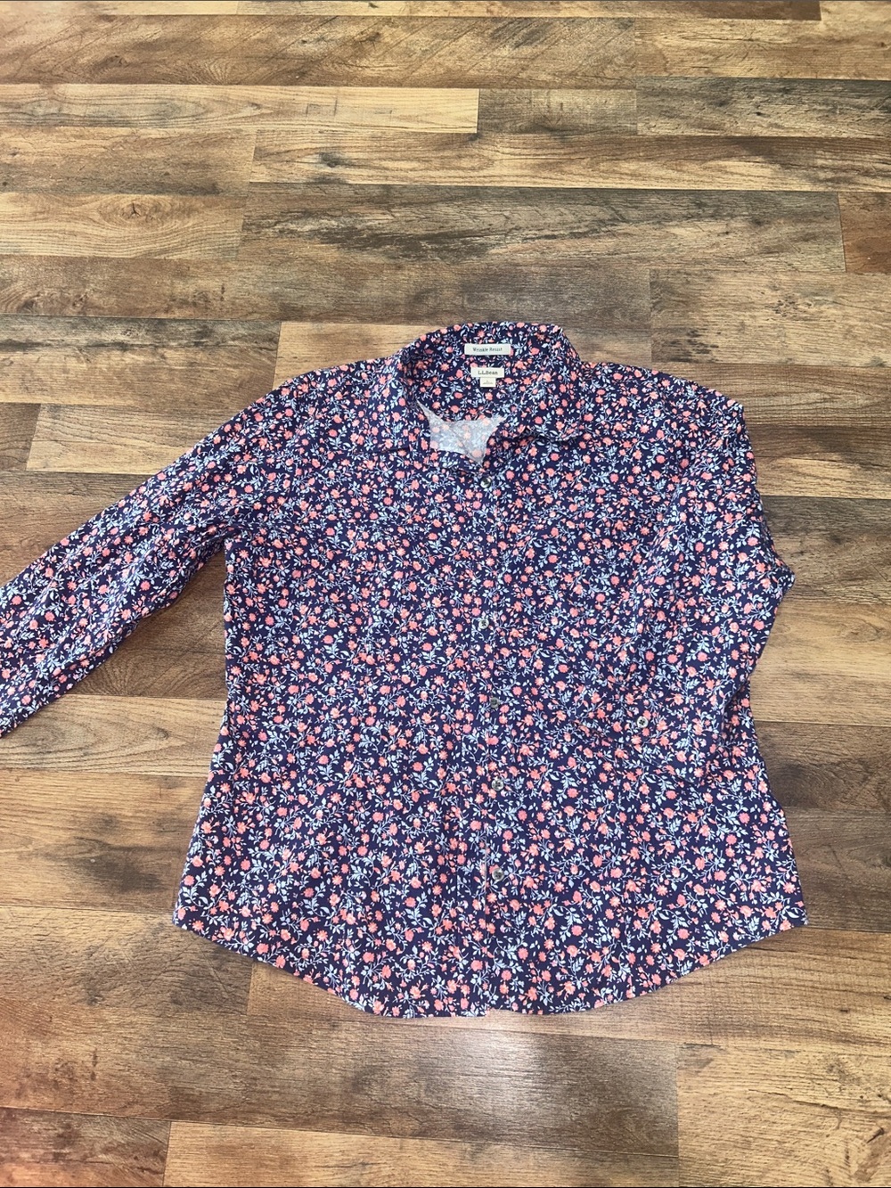 L.L. Bean Navy Button-Down Shirt with Pink Floral Print